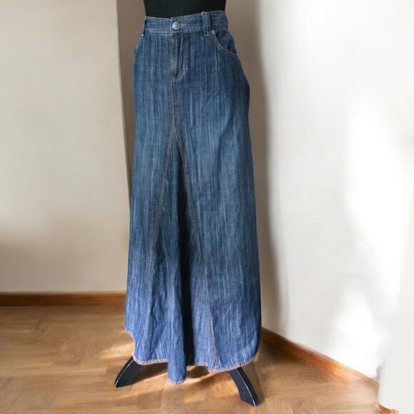 VINTAGE TOMMY HILFIGER (12) Y2K Denim Distressed Maxi Skirt Pkts Zip Button - Picture 1 of 10
